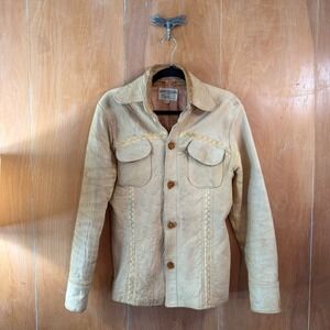 VTG 70s Distressed Leather Shirt Jacket Braided Boho Rockabilly 40